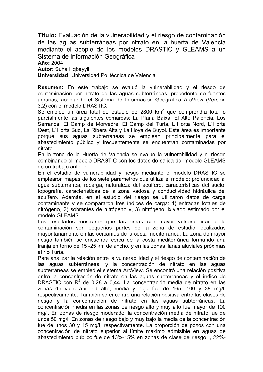 Evaluación De La Vulnerabilidad Y El Riesgo De Contaminación De