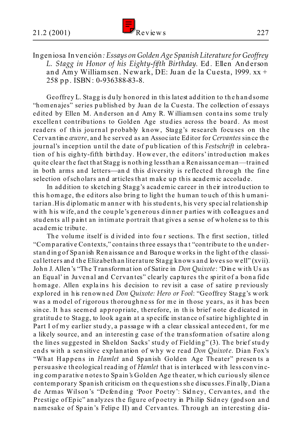 Essays on Golden Age Spanish Literature for Geoffrey L. Stagg in Honor of His Eighty-Fifth Birthday