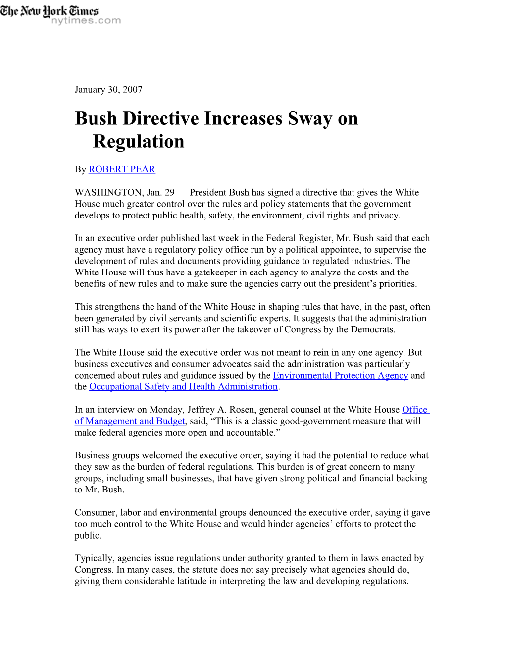 Bush Directive Increases Sway on Regulation