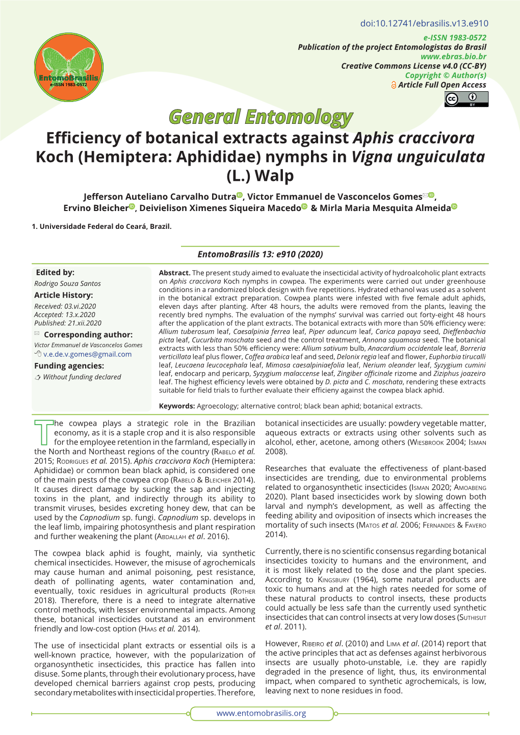 Efficiency of Botanical Extracts Against Aphis Craccivora Koch (Hemiptera: Aphididae) Nymphs in Vigna Unguiculata (L.) Walp