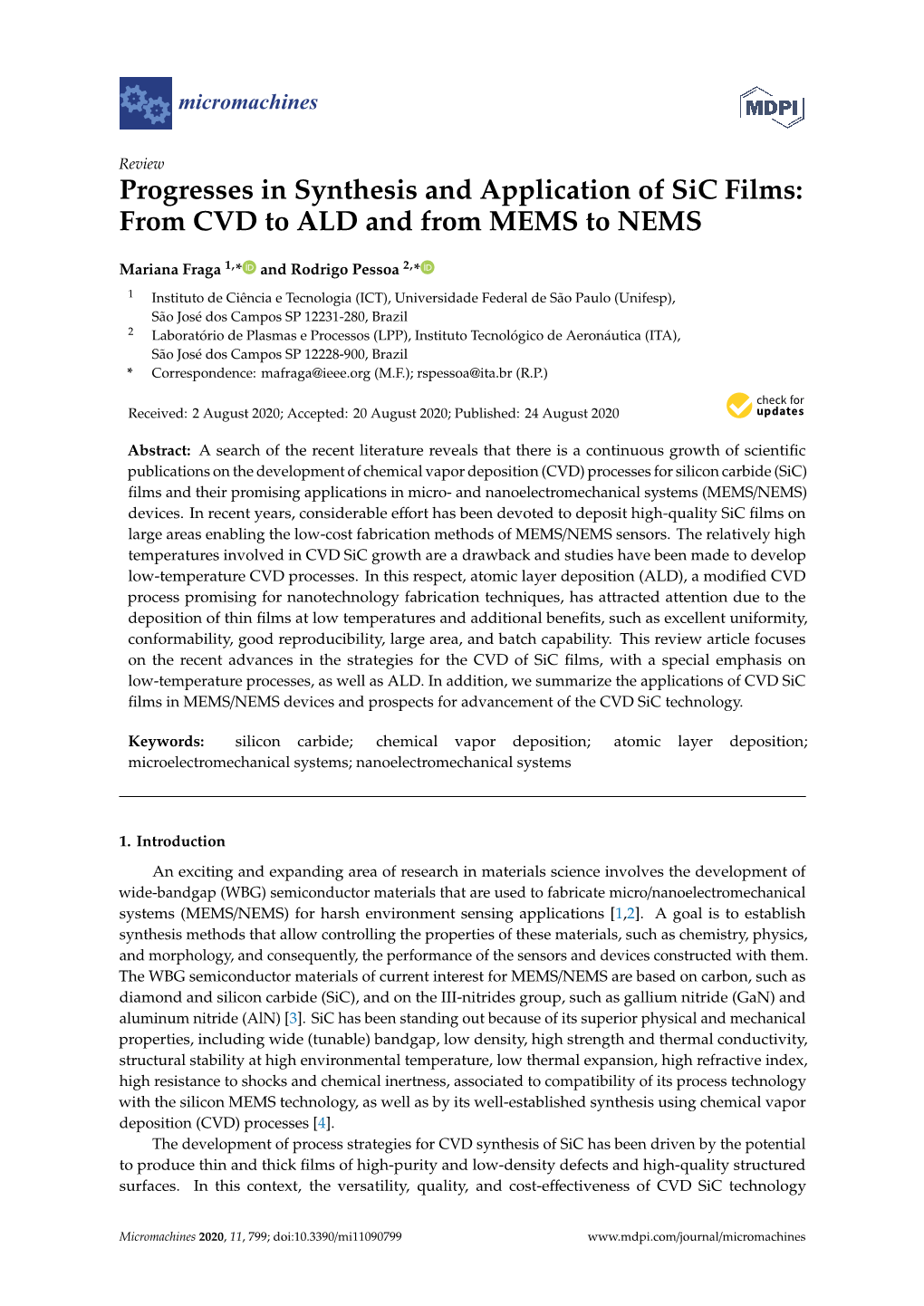 Progresses in Synthesis and Application of Sic Films: from CVD to ALD and from MEMS to NEMS