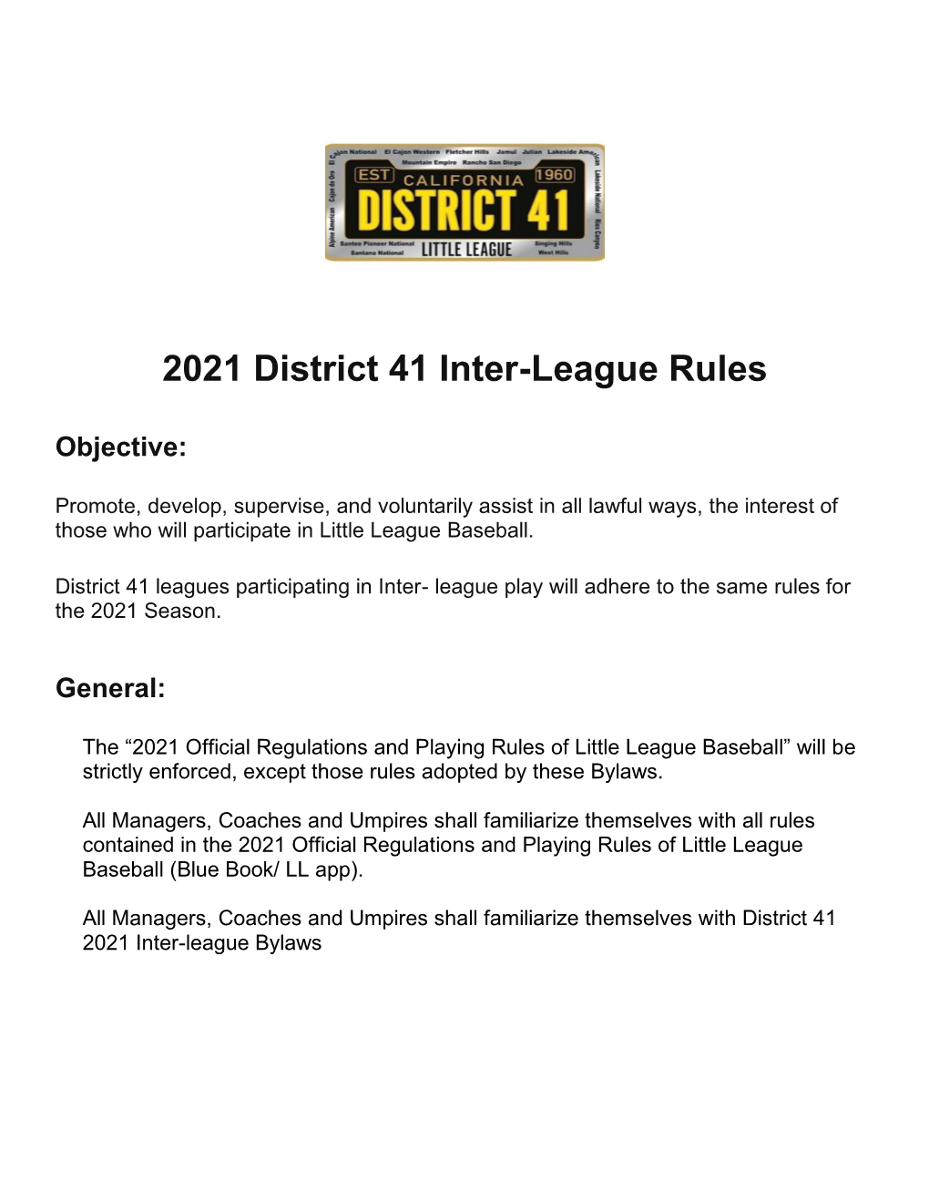 2021 District 41 Inter-League Rules