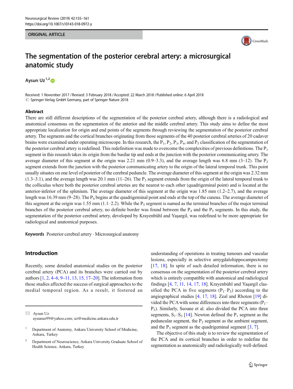 The Segmentation of the Posterior Cerebral Artery: a Microsurgical Anatomic Study