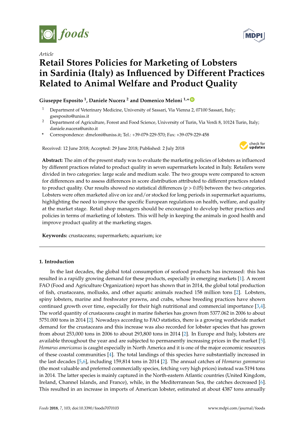 Retail Stores Policies for Marketing of Lobsters in Sardinia (Italy) As Influenced by Different Practices Related to Animal Welf