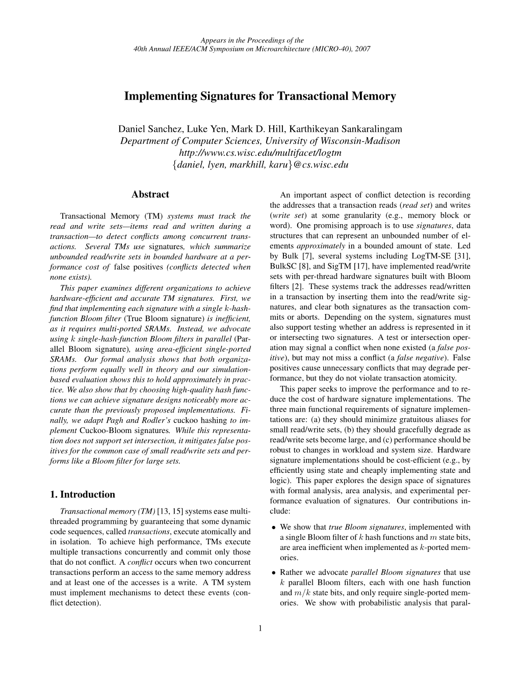 Implementing Signatures for Transactional Memory