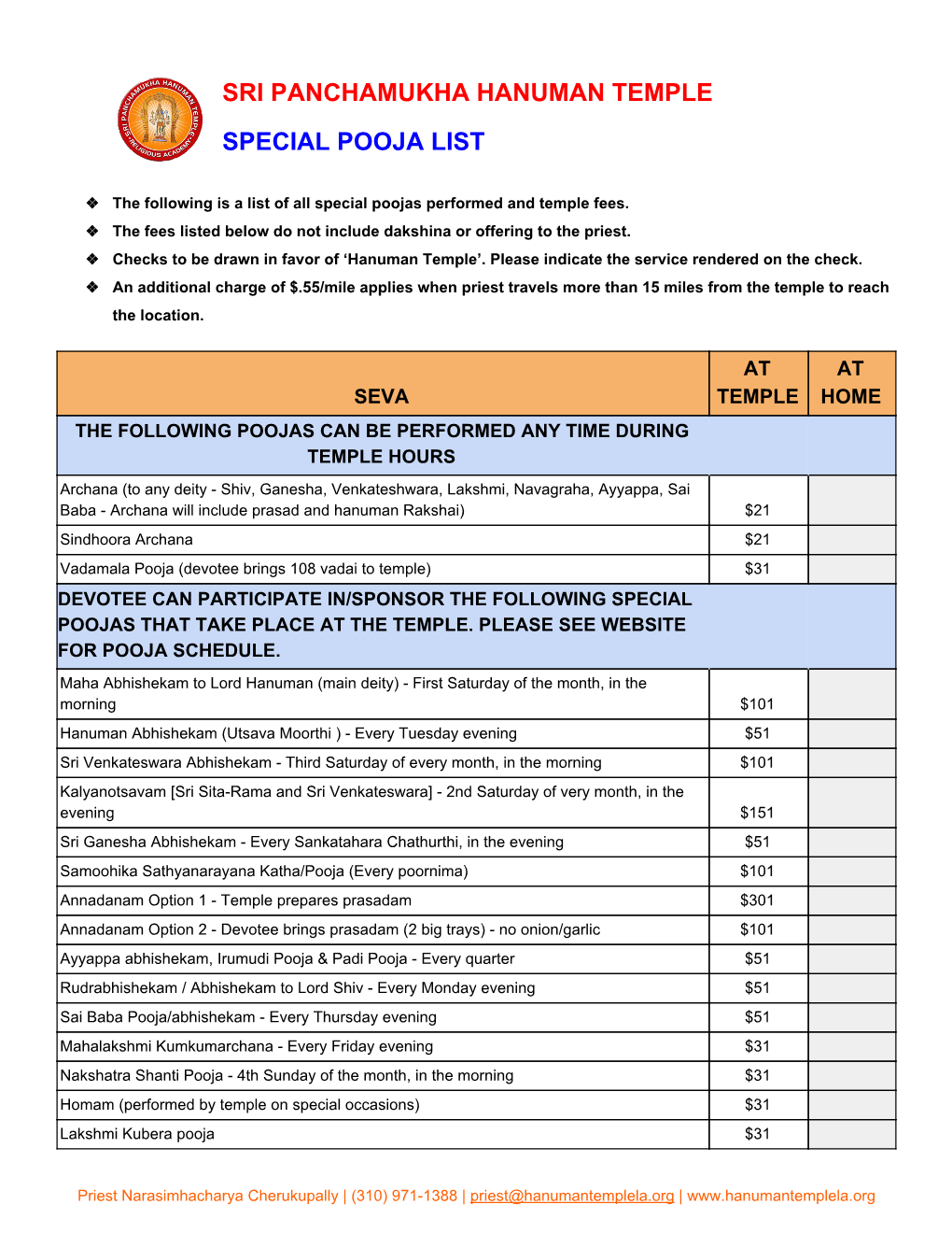 Sri​ ​Panchamukha​ ​Hanuman​ ​Temple Special​ ​Pooja​ ​List