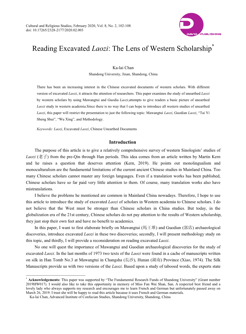 Reading Excavated Laozi: the Lens of Western Scholarship*