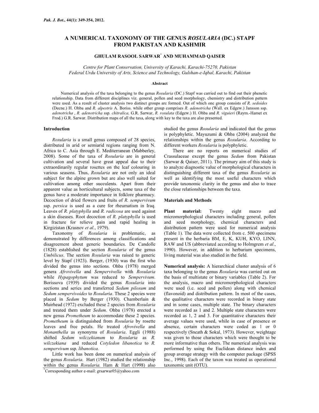 A Numerical Taxonomy of the Genus Rosularia (Dc.) Stapf from Pakistan and Kashmir