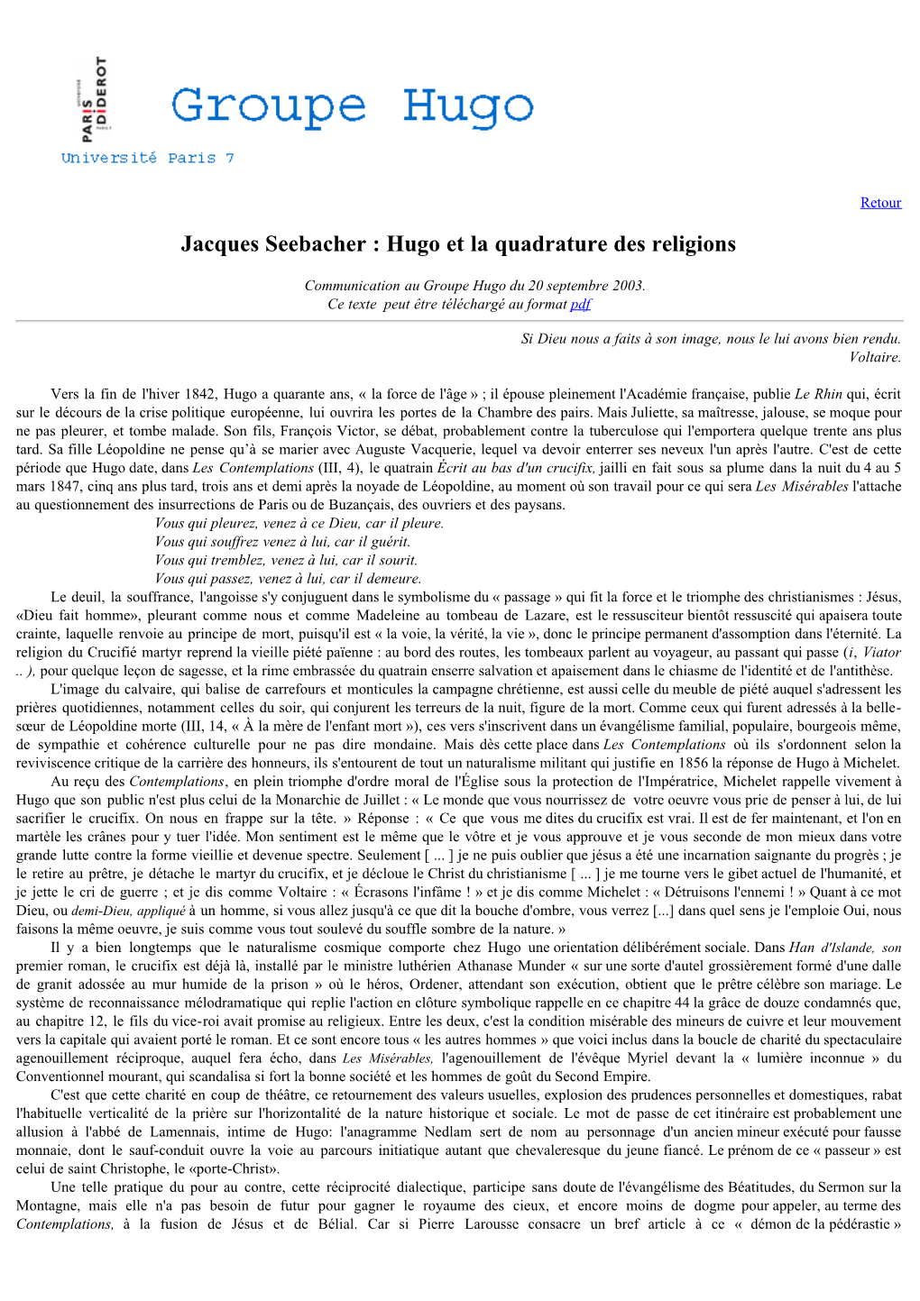 Jacques Seebacher : Hugo Et La Quadrature Des Religions