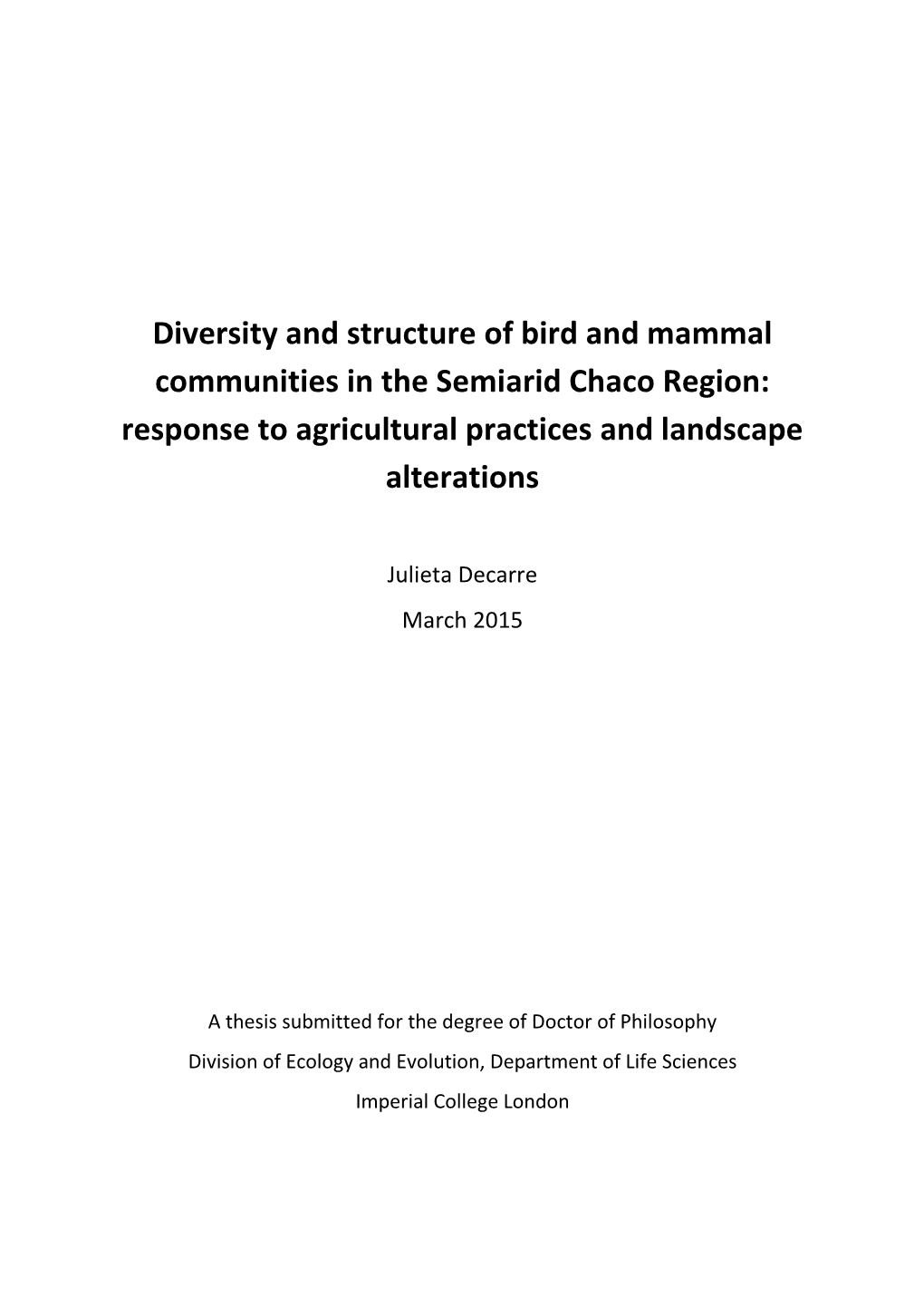 Diversity and Structure of Bird and Mammal Communities in the Semiarid Chaco Region: Response to Agricultural Practices and Landscape Alterations