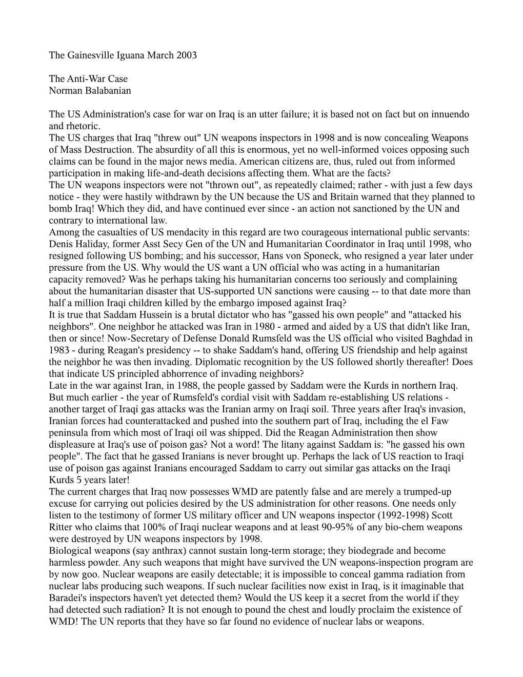 The Gainesville Iguana March 2003 the Anti-War Case Norman
