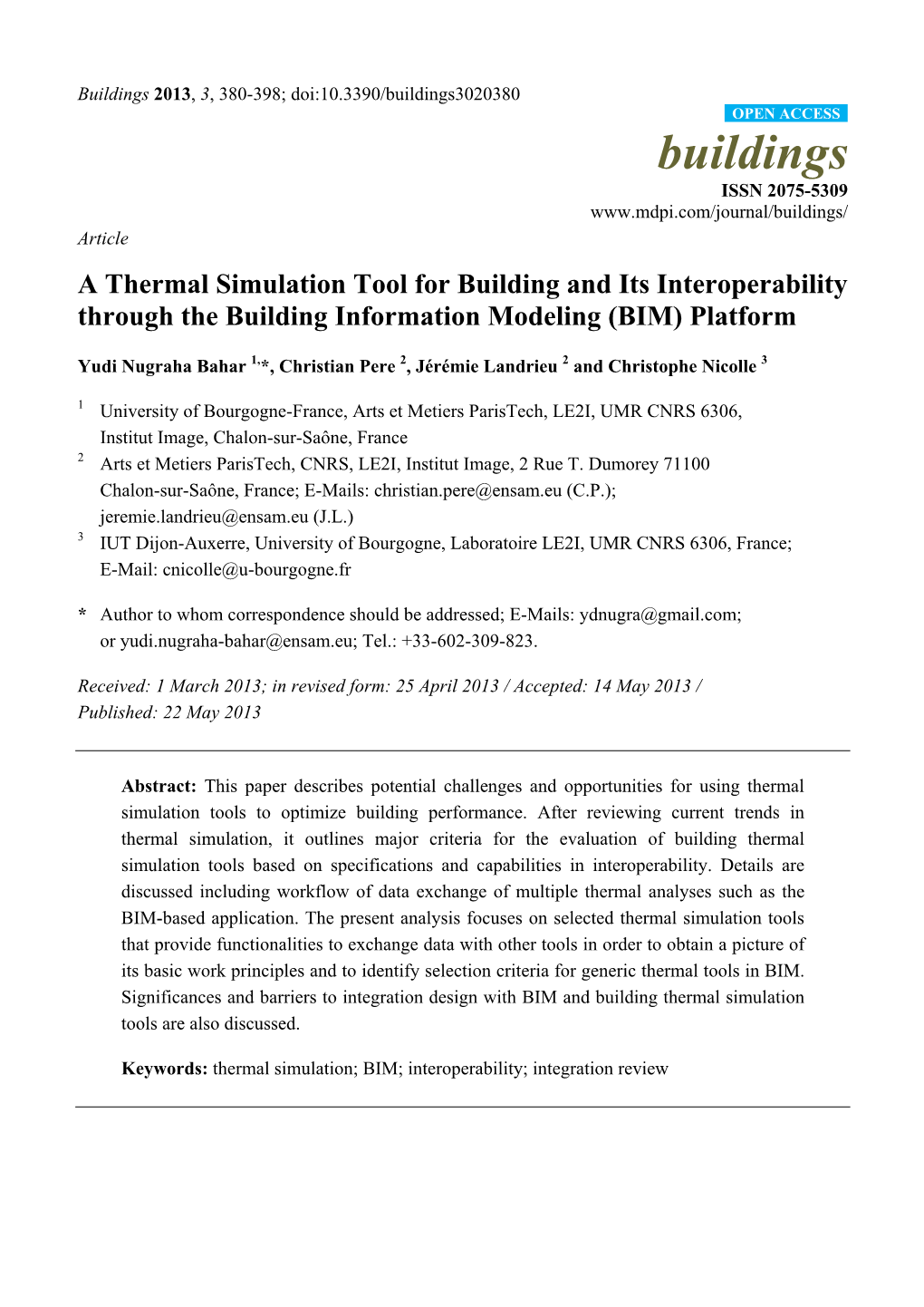 A Thermal Simulation Tool for Building and Its Interoperability Through the Building Information Modeling (BIM) Platform