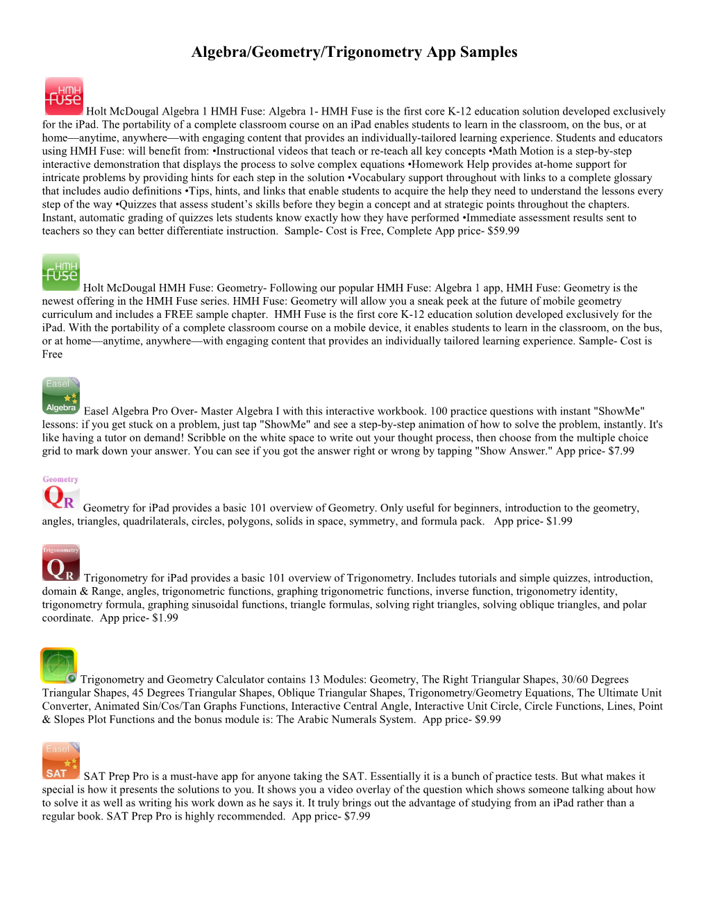 Algebra/Geometry/Trigonometry App Samples