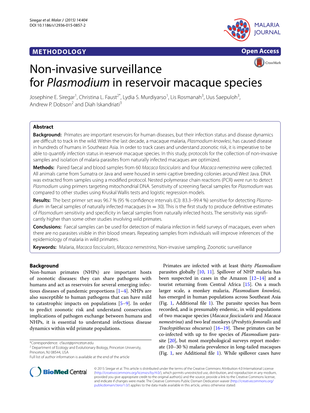 Non-Invasive Surveillance for Plasmodium in Reservoir Macaque