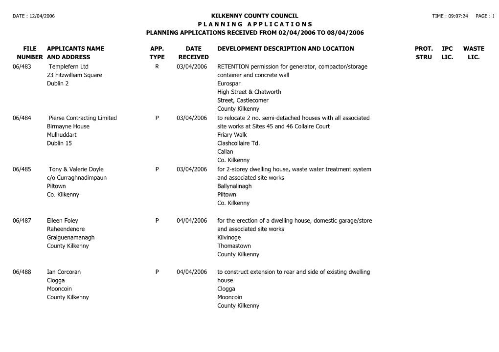 File Number Kilkenny County Council P L a N N I N G a P P L I C a T I O N S Planning Applications Received from 02/04/2006 To