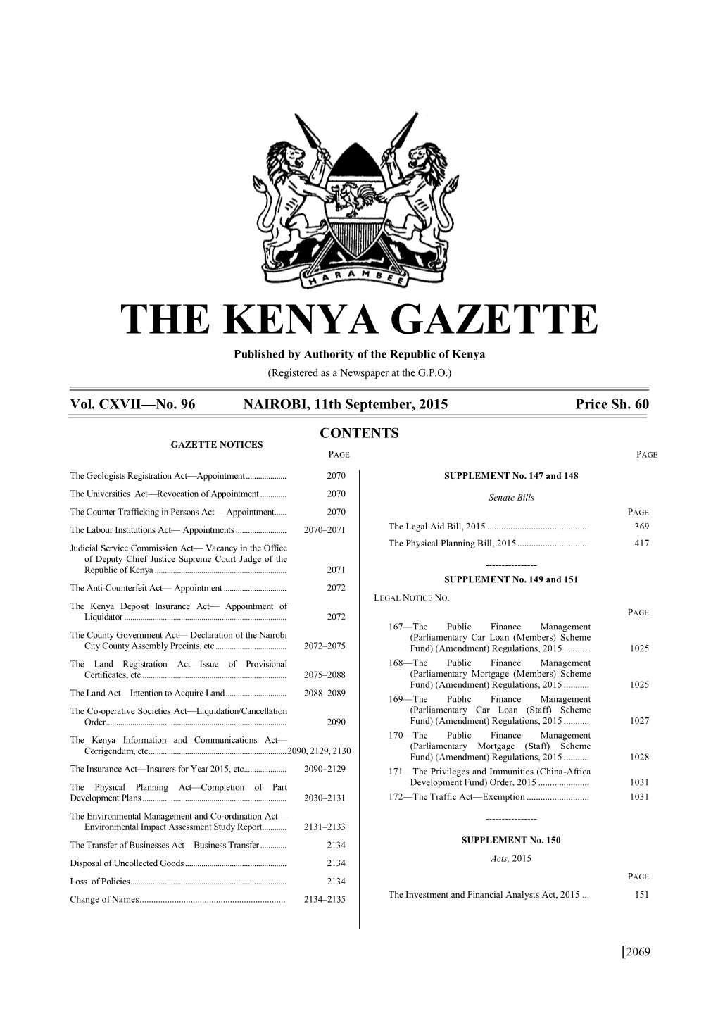 THE KENYA GAZETTE Published by Authority of the Republic of Kenya (Registered As a Newspaper at the G.P.O.)