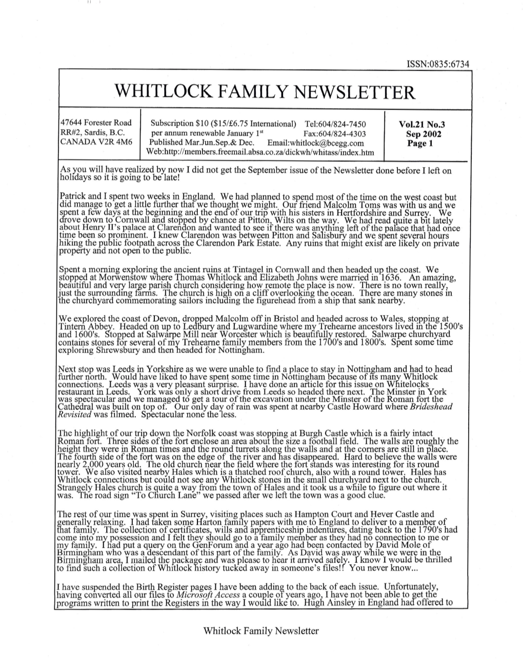 Whitlock Famil Y Newsletter