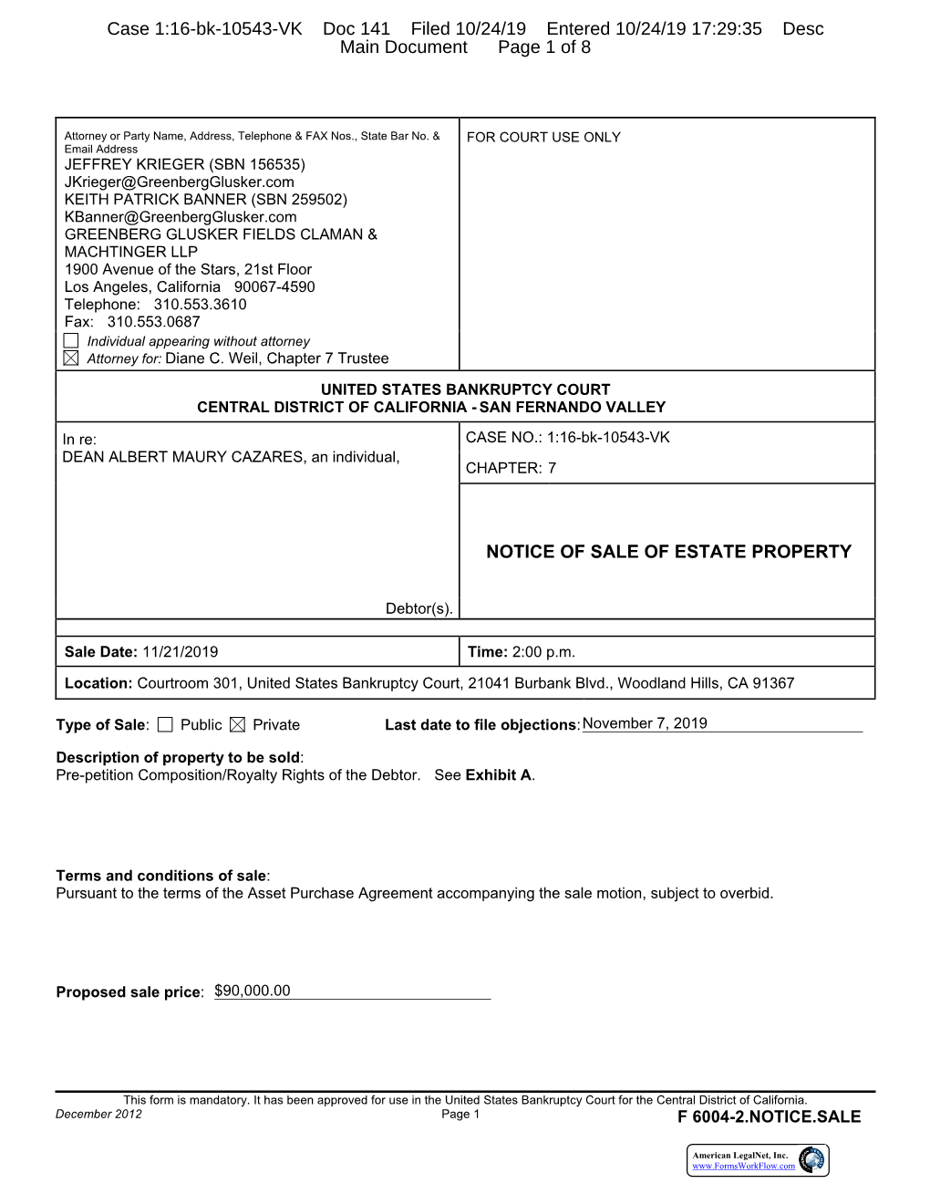 NOTICE of SALE of ESTATE PROPERTY Case 1:16-Bk-10543