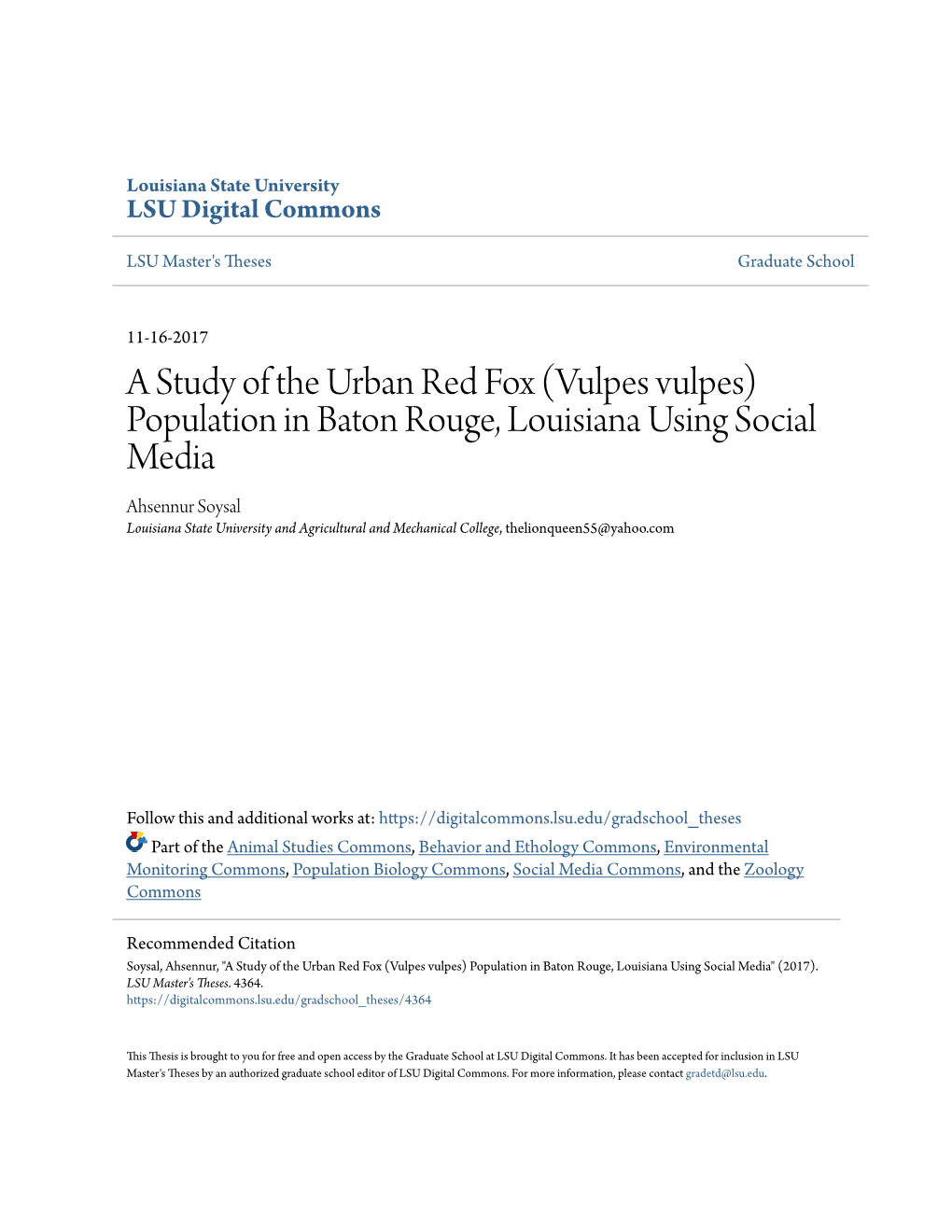 Population in Baton Rouge, Louisiana Using Social Media Ahsennur Soysal Louisiana State University and Agricultural and Mechanical College, Thelionqueen55@Yahoo.Com