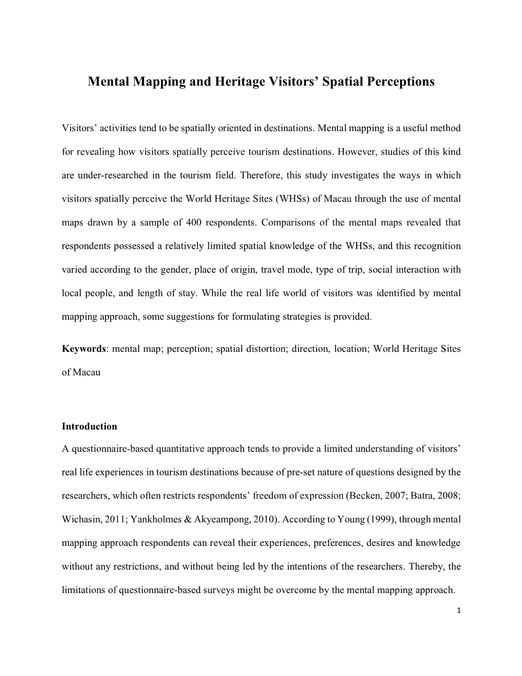 Mental Mapping and Heritage Visitors' Spatial Perceptions