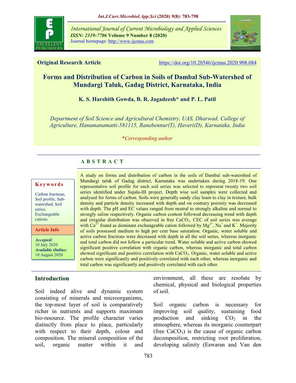 Forms and Distribution of Carbon in Soils of Dambal Sub-Watershed of Mundargi Taluk, Gadag District, Karnataka, India