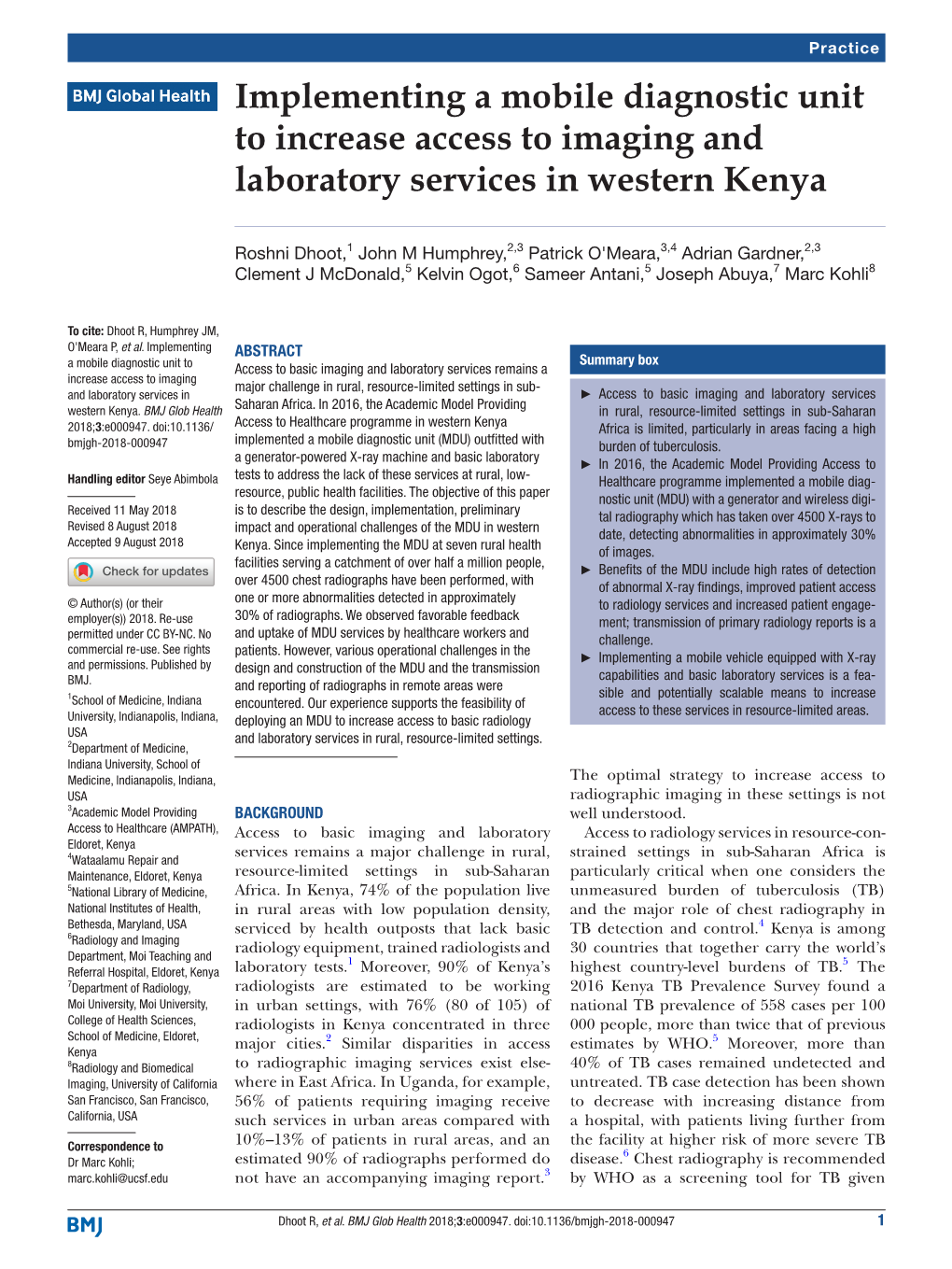 Implementing a Mobile Diagnostic Unit to Increase Access to Imaging and Laboratory Services in Western Kenya