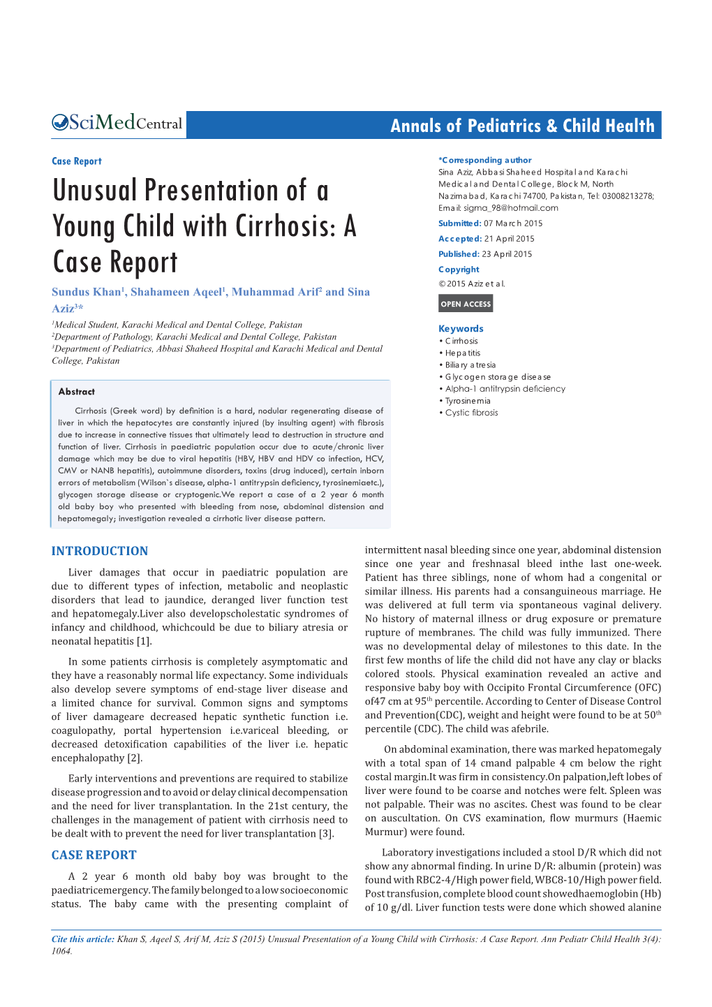 Unusual Presentation of a Young Child with Cirrhosis: a Case Report