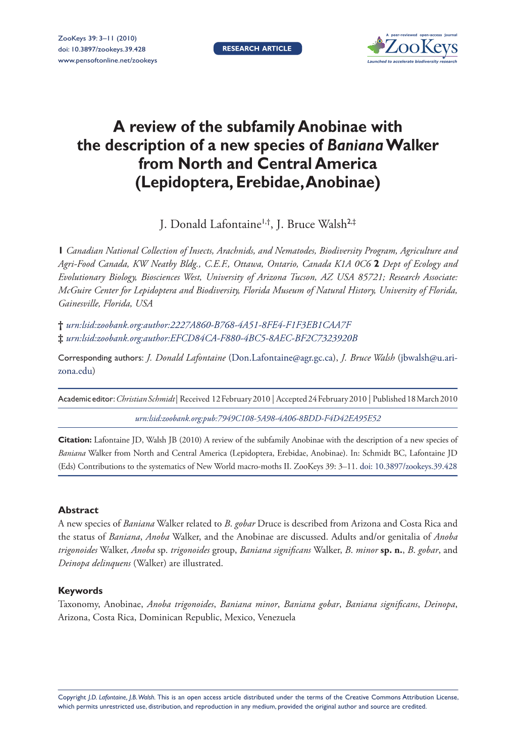 A Review of the Subfamily Anobinae with the Description of a New Species of Baniana Walker from North and Central America (Lepidoptera, Erebidae, Anobinae)