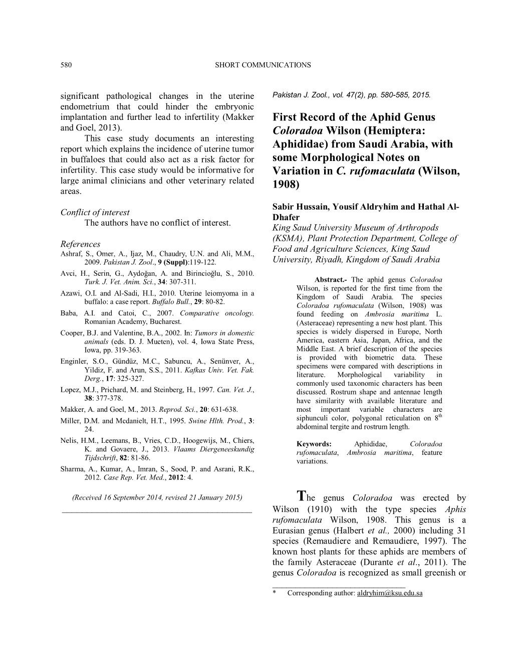 First Record of the Aphid Genus Coloradoa Wilson (Hemiptera: Aphididae)