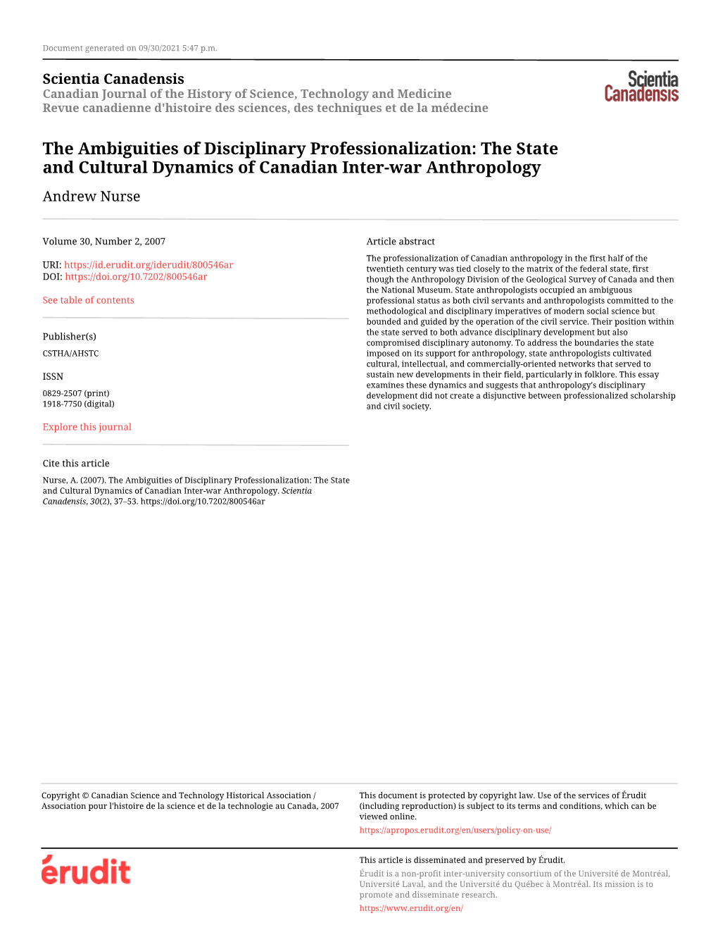 The State and Cultural Dynamics of Canadian Inter-War Anthropology Andrew Nurse