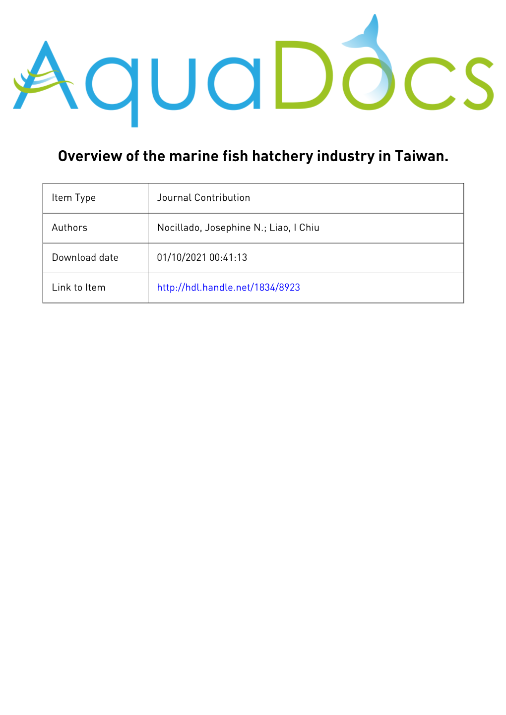 Overview of the Marine Fish Hatchery Industry in Taiwan