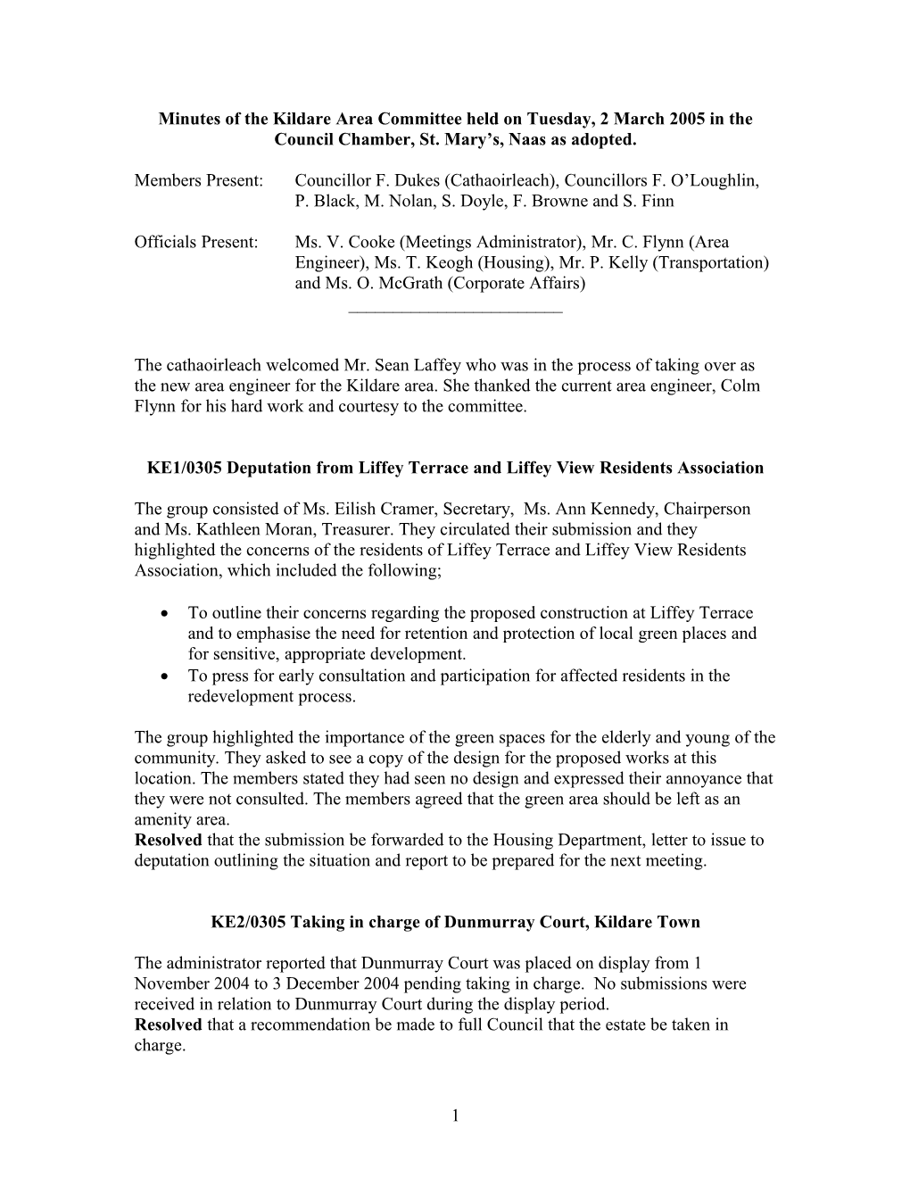 Draft Minutes of the Kildare Area Committee Held on Tuesday, 2 March 2005 in the Council