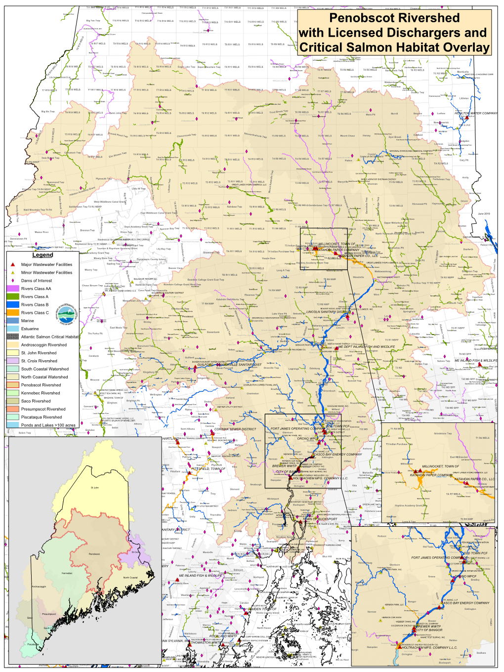 Penobscot Rivershed with Licensed Dischargers and Critical Salmon
