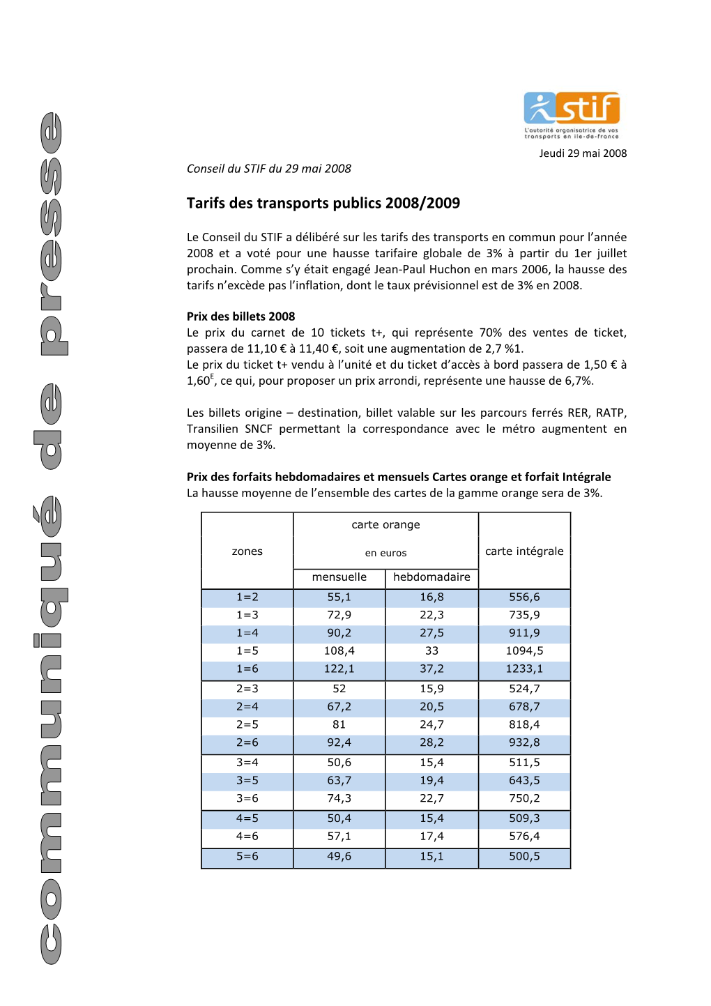 Tarifs Des Transports Publics 2008/2009