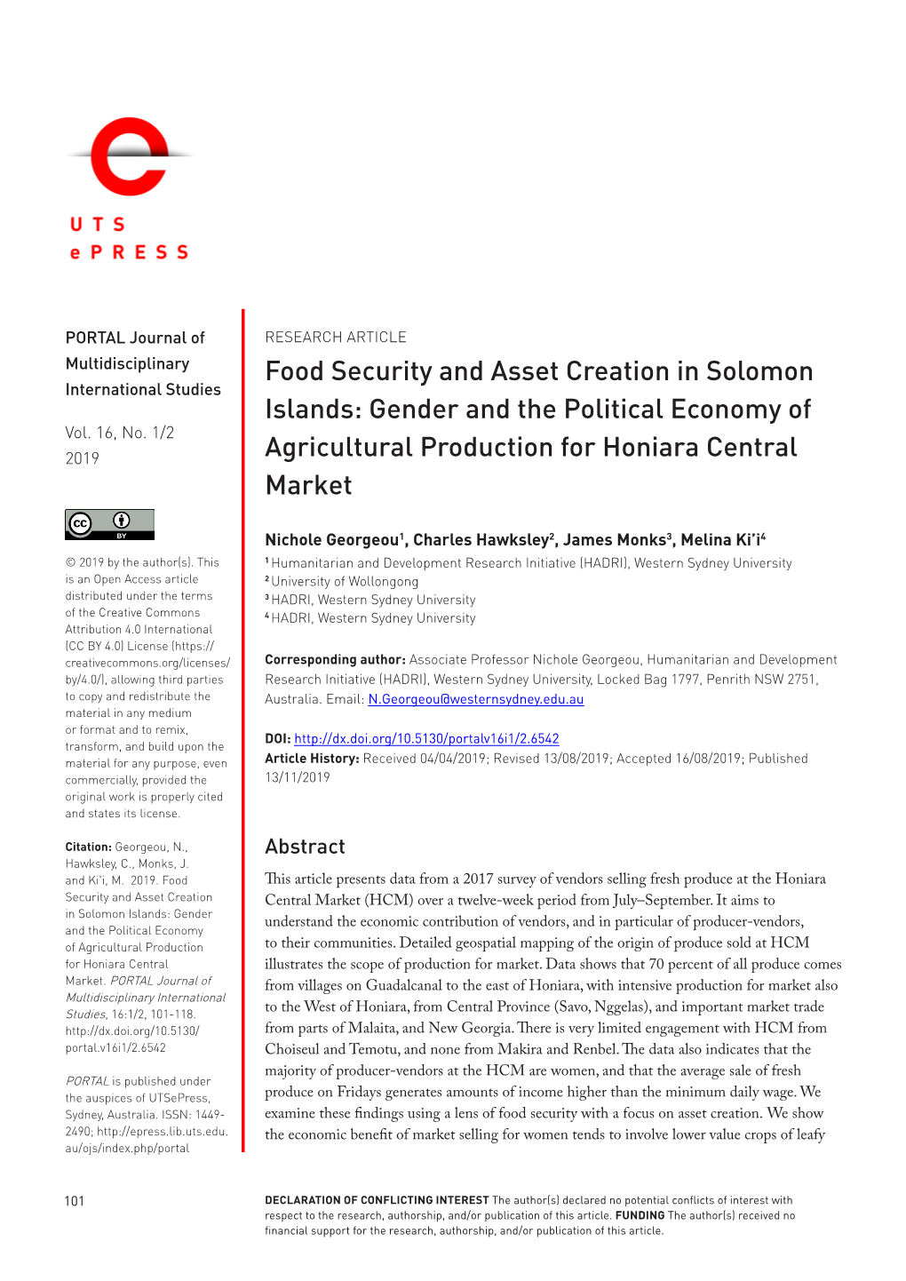 Food Security and Asset Creation in Solomon Islands: Gender and the Political Economy of Agricultural Production for Honiara Central Market