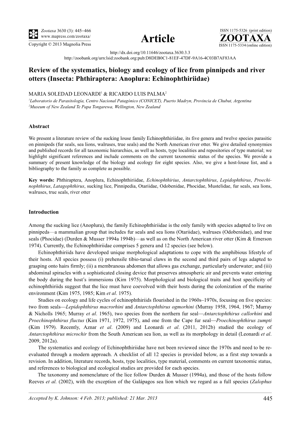 Review of the Systematics, Biology and Ecology of Lice from Pinnipeds and River Otters (Insecta: Phthiraptera: Anoplura: Echinophthiriidae)