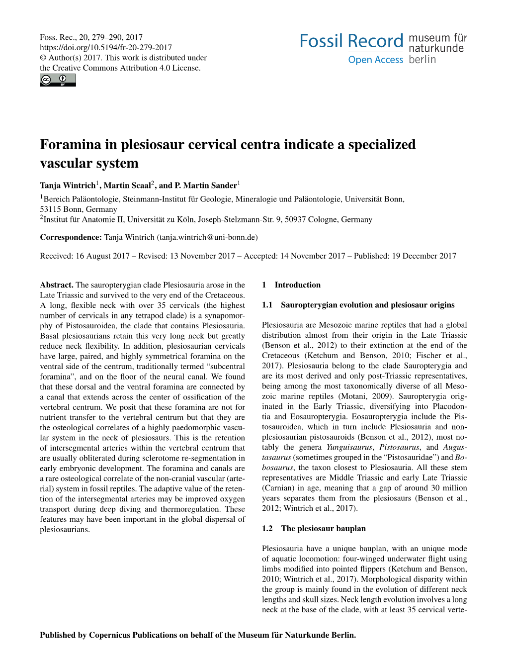 Foramina in Plesiosaur Cervical Centra Indicate a Specialized Vascular System