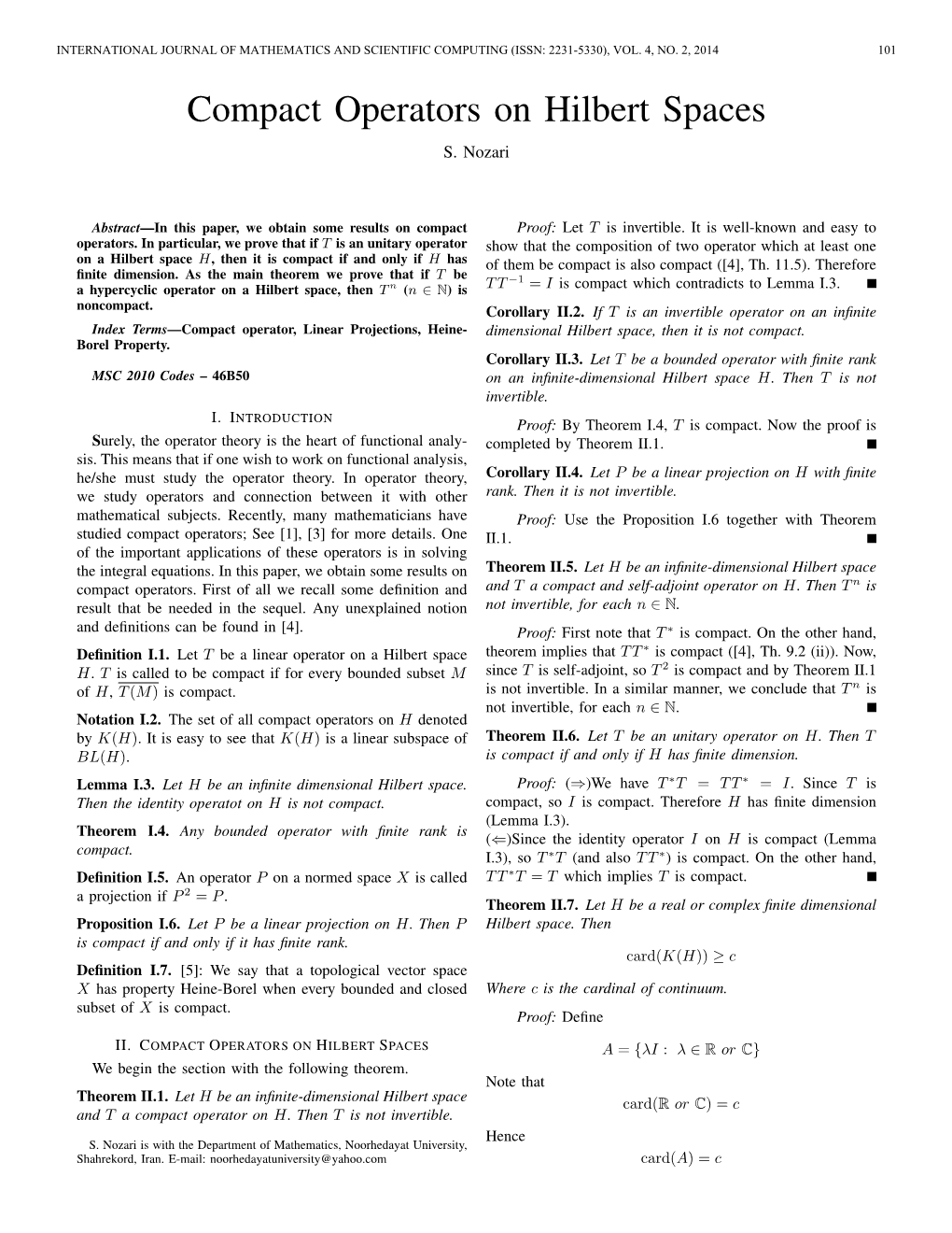 Compact Operators on Hilbert Spaces S