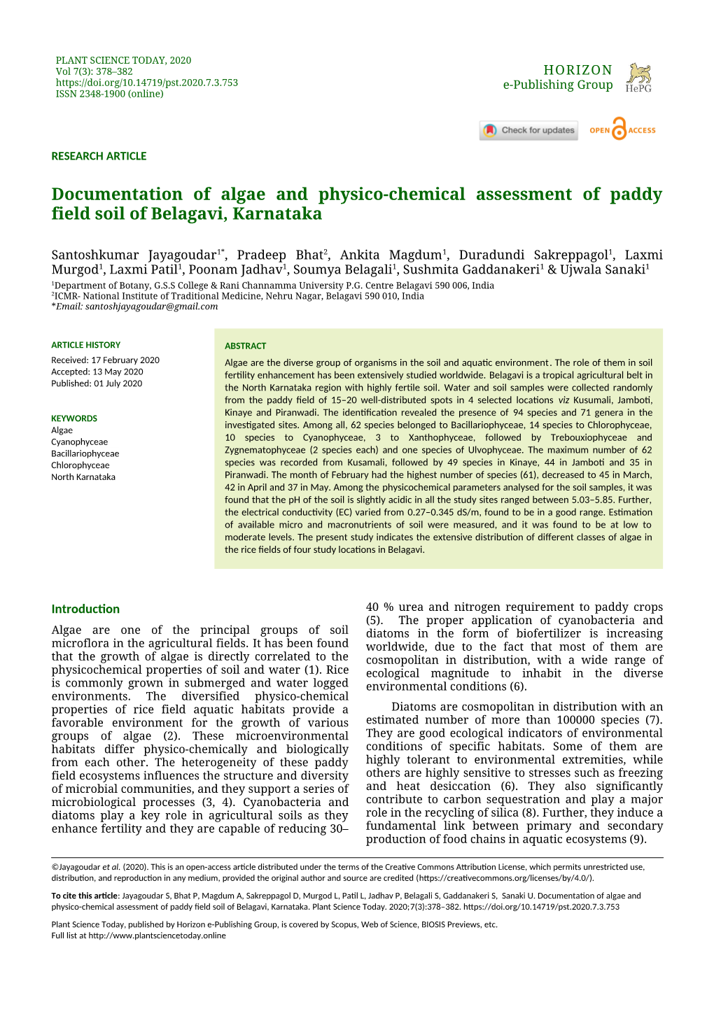 PLANT SCIENCE TODAY, 2020 Vol 7(3): 378–382 HORIZON E-Publishing Group ISSN 2348-1900 (Online)