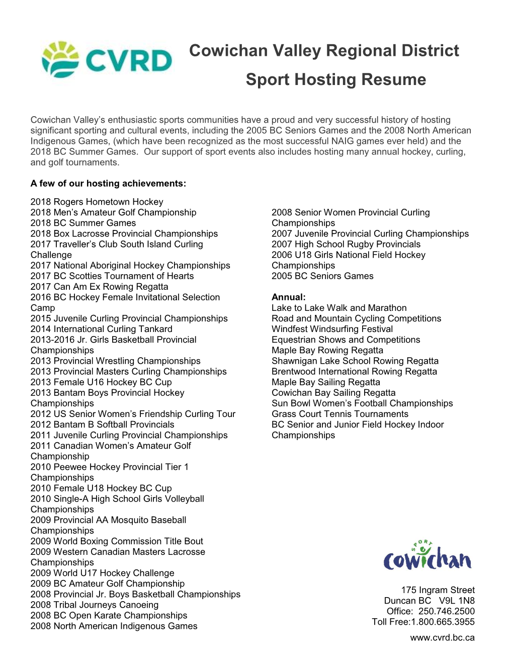 Cowichan Valley Regional District Sport Hosting Resume