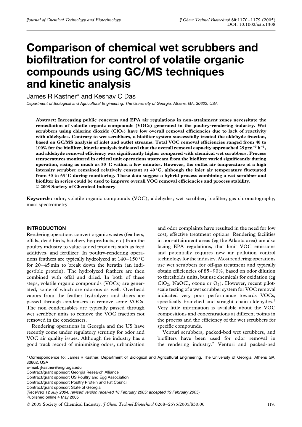 Comparison of Chemical Wet Scrubbers and Biofiltration For