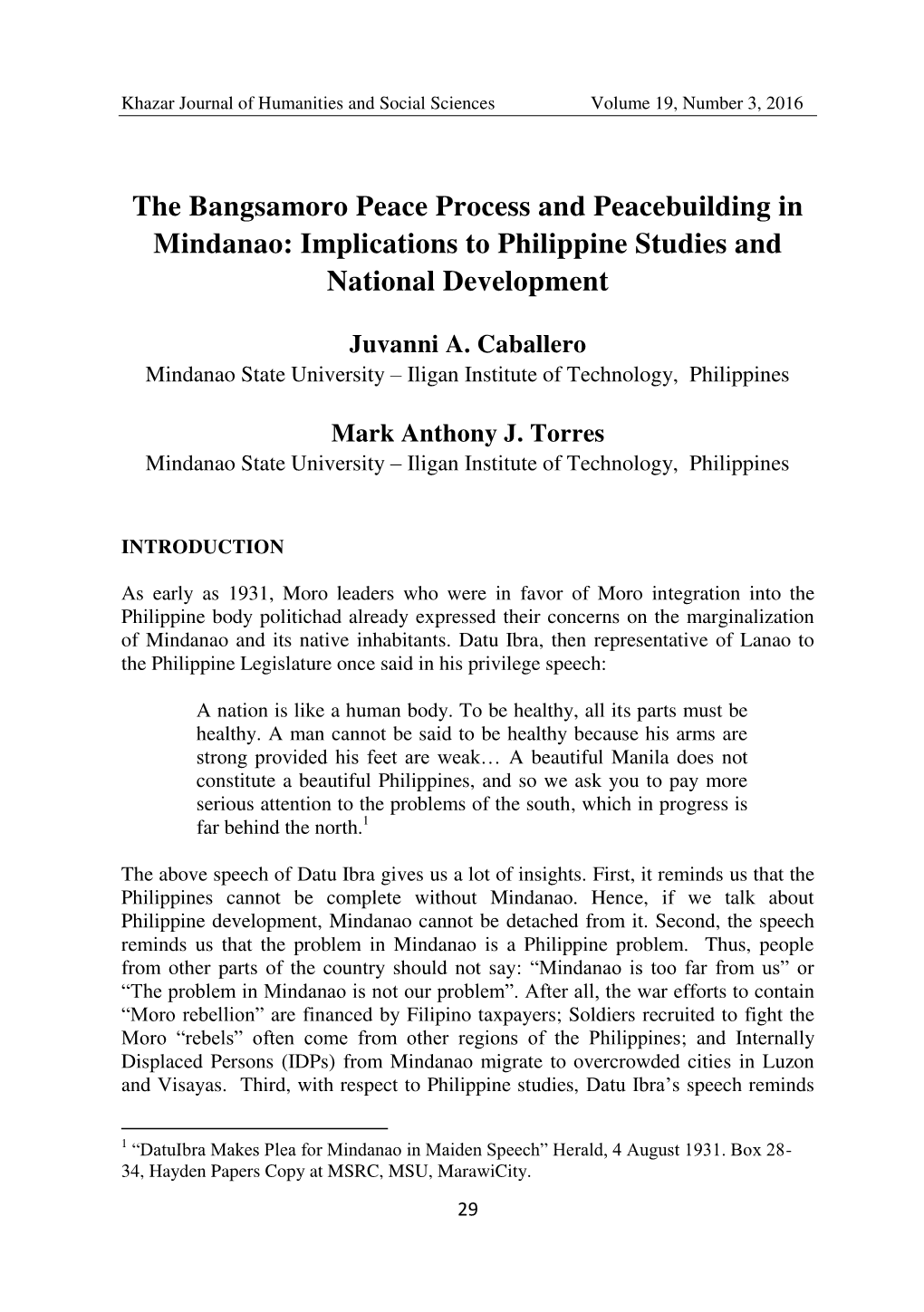 The Bangsamoro Peace Process and Peacebuilding in Mindanao: Implications to Philippine Studies and National Development