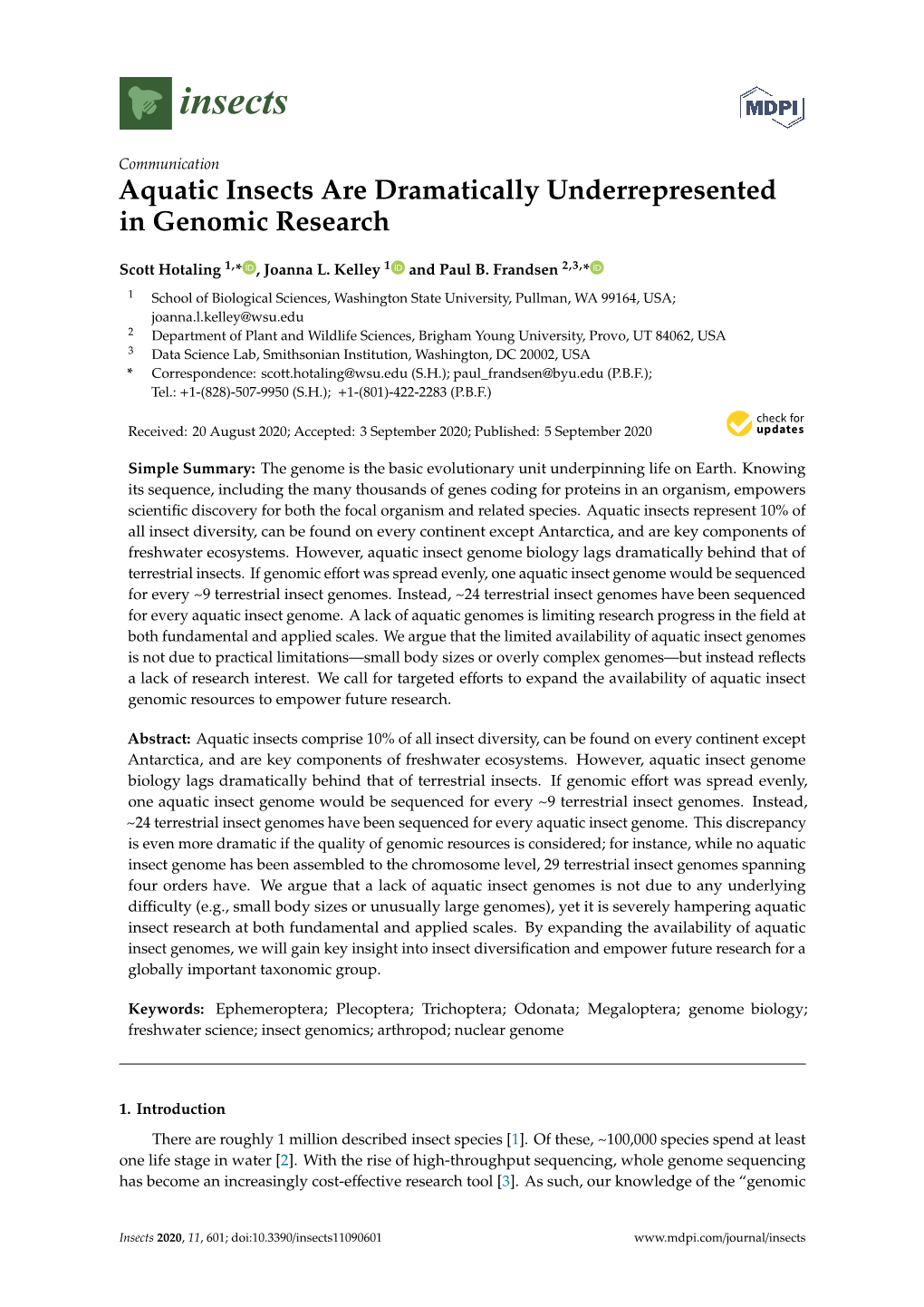 Aquatic Insects Are Dramatically Underrepresented in Genomic Research