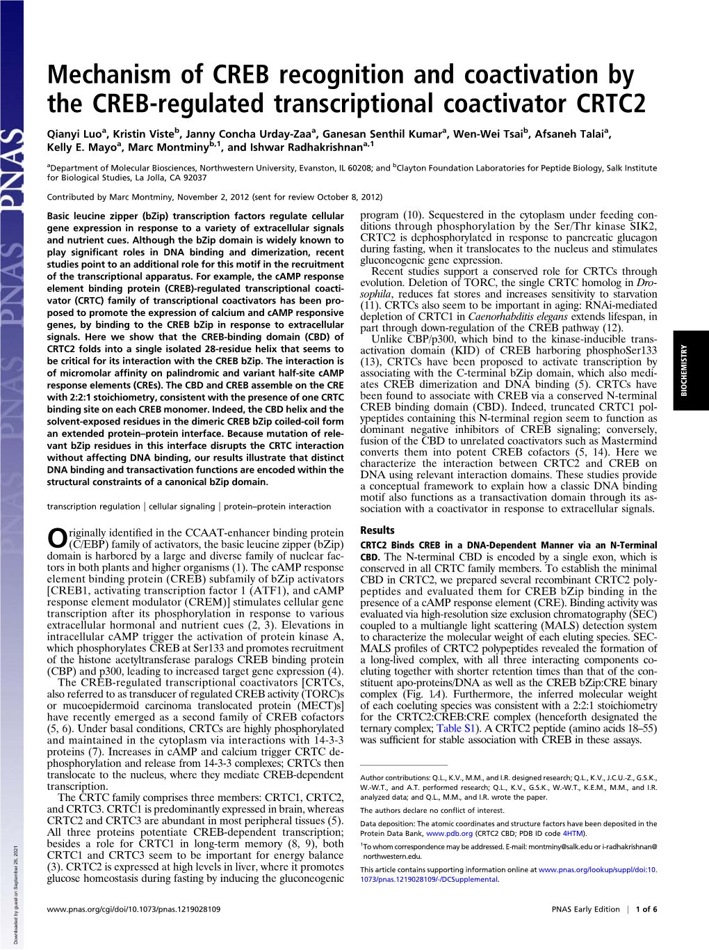 Mechanism of CREB Recognition and Coactivation by the CREB-Regulated Transcriptional Coactivator CRTC2