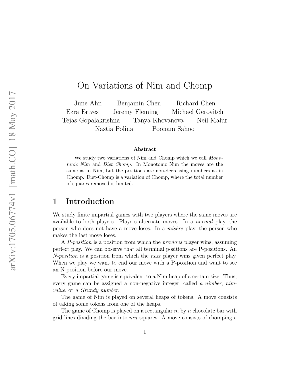 On Variations of Nim and Chomp Arxiv:1705.06774V1 [Math.CO] 18