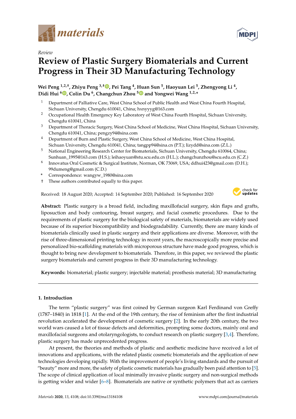 Review of Plastic Surgery Biomaterials and Current Progress in Their 3D Manufacturing Technology