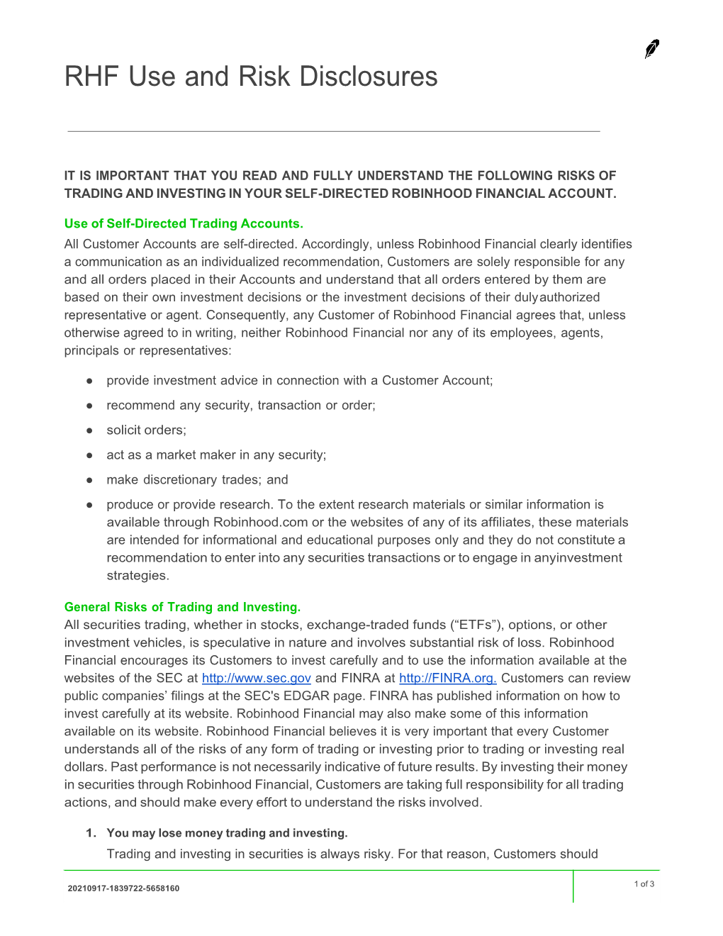 RHF Use and Risk Disclosures