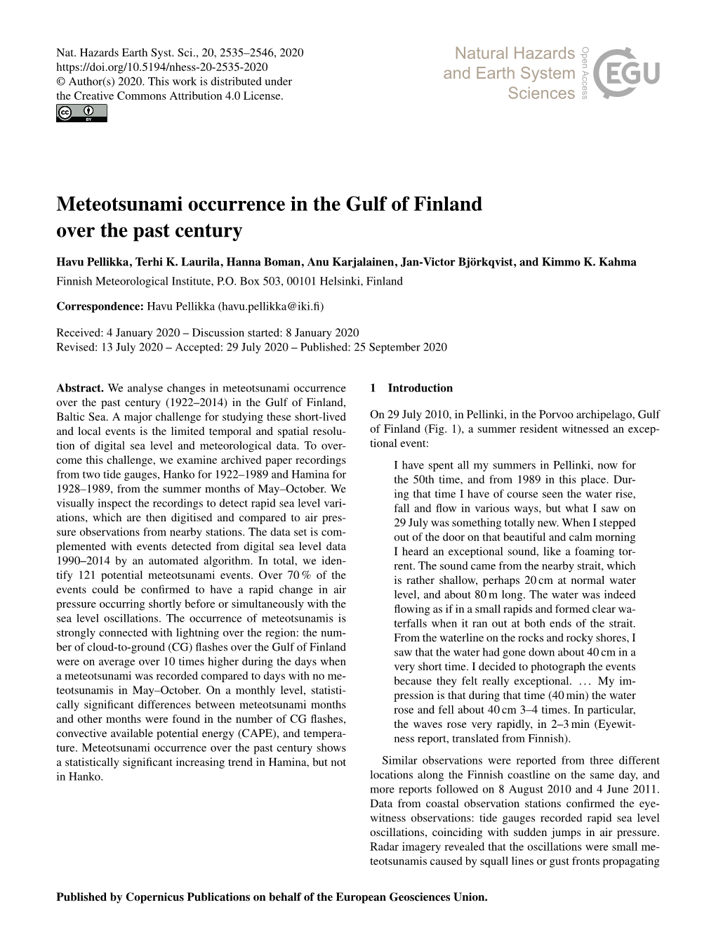 Meteotsunami Occurrence in the Gulf of Finland Over the Past Century