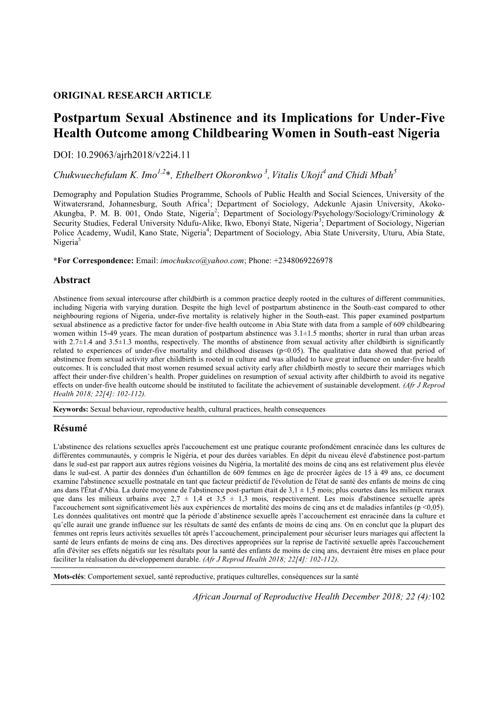 Postpartum Sexual Abstinence and Its Implications for Under-Five Health Outcome Among Childbearing Women in South-East Nigeria