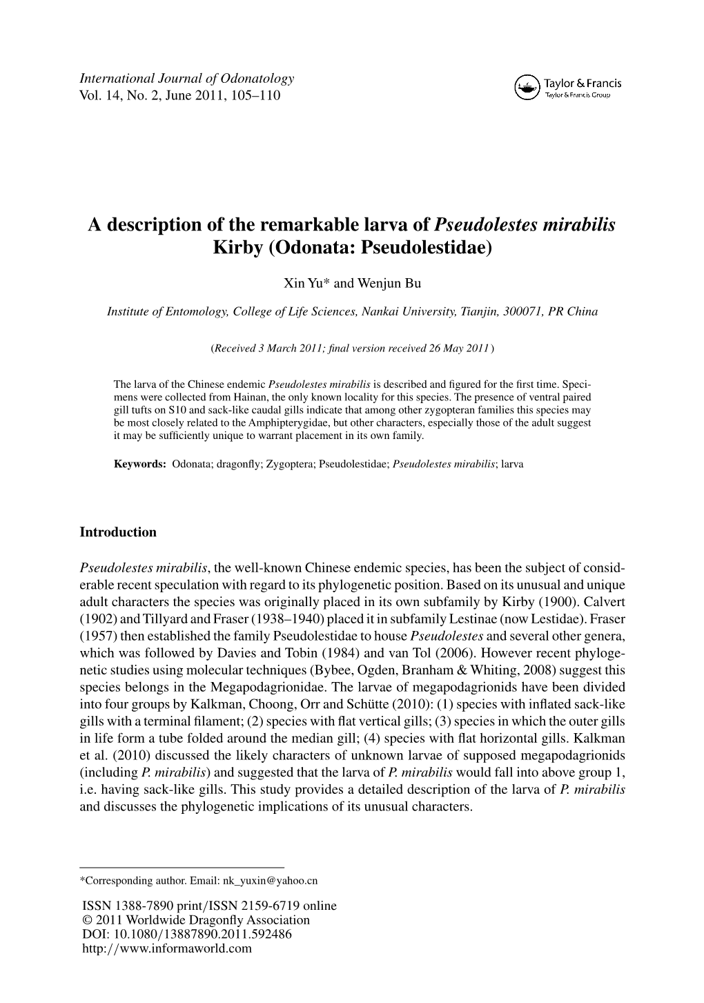 A Description of the Remarkable Larva of Pseudolestes Mirabilis Kirby (Odonata: Pseudolestidae)